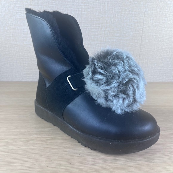UGG Shoes - UGG Isadora Black Leather Suede Pom Pom Waterproof Winter Boots Women 11 1018605